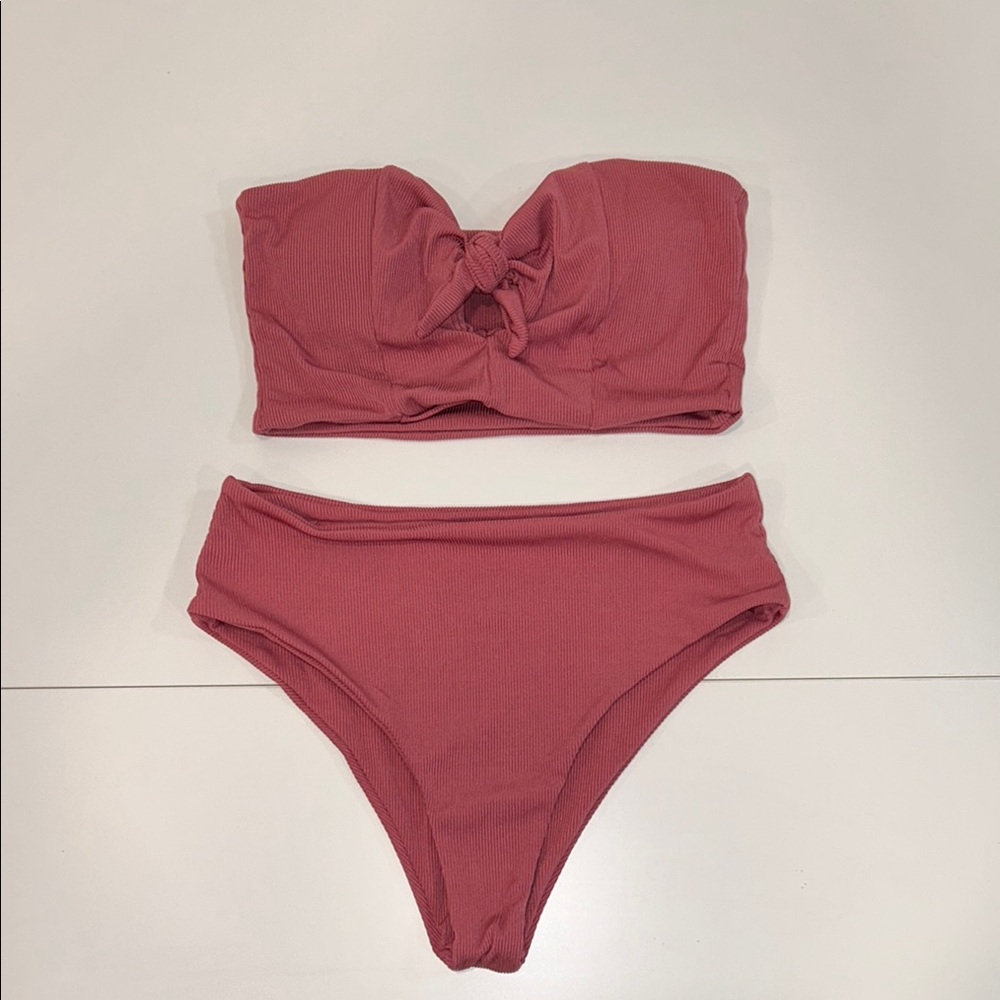 Zaful Pink Bandeau Ribbed Bikini Set
